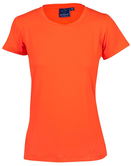 An orange stretch t-shirt featuring a round neck and short sleeves, with a logo on the inside label.