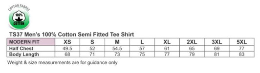 A table displaying size chart for a men's cotton semi-fitted tee, including measurements for various sizes.