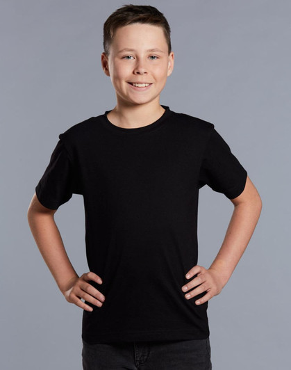A black semi-fitted cotton t-shirt designed for kids, displayed on a smiling child with hands on hips.