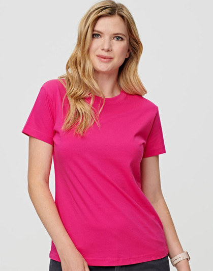 A bright pink semi-fitted T-shirt for ladies, featuring a classic crew neck and short sleeves.