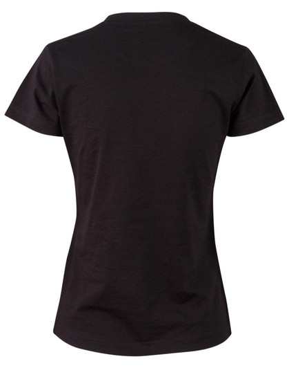 A black ladies' cotton semi-fitted tee with a classic crew neck and short sleeves. Includes branding on the back.