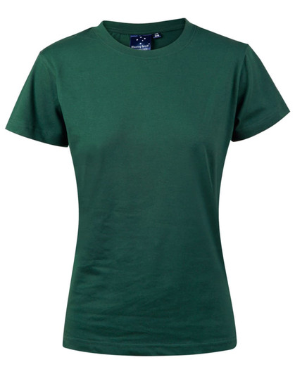 A green semi-fitted women's cotton t-shirt with a round neckline and short sleeves, featuring a logo on the label.