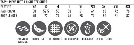 A promotional graphic for a men's ultra lightweight performance short-sleeve tee, highlighting its features and size chart.