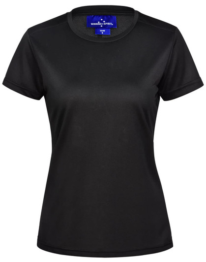 A black ladies' short-sleeve performance T-shirt with a round neckline and a branded label.