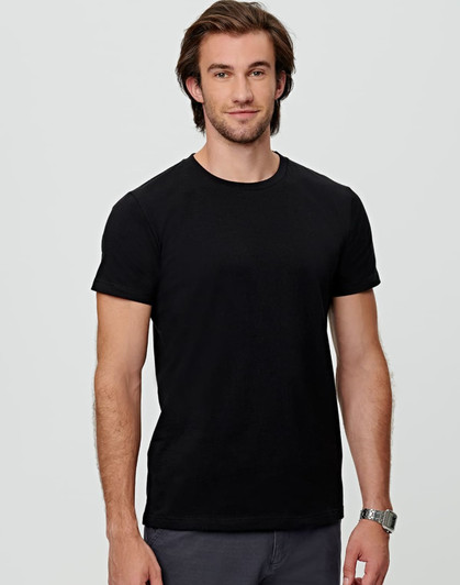 A black premium cotton t-shirt displayed on a model, featuring short sleeves and a round neckline.