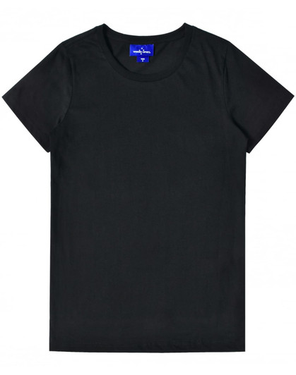 A black ladies' premium cotton t-shirt with a round neckline and short sleeves, featuring a logo.