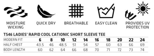 A chart detailing the features and sizing information for the Ladies' Ultra Dry Cationic Short Sleeve Tee, including fit and measurements.