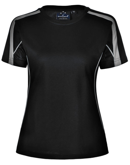 A black ladies' T-shirt featuring short sleeves and grey accents. The shirt includes a branded logo.