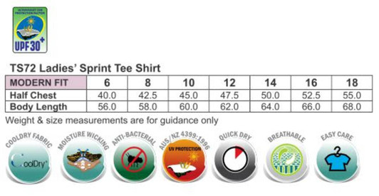 A table displaying sizing information for the Ladies' Premier Tee Shirt, featuring measurements for various sizes.