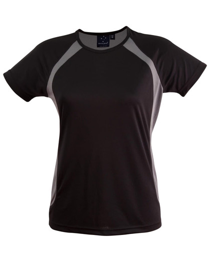 A black ladies' T-shirt with mesh detailing on the sides, featuring a logo on the neckline.