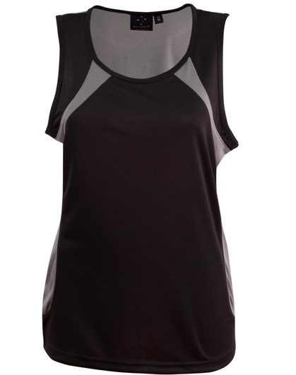 A black ladies' sprint singlet featuring mesh panels, designed for comfort and breathability. Includes a logo.