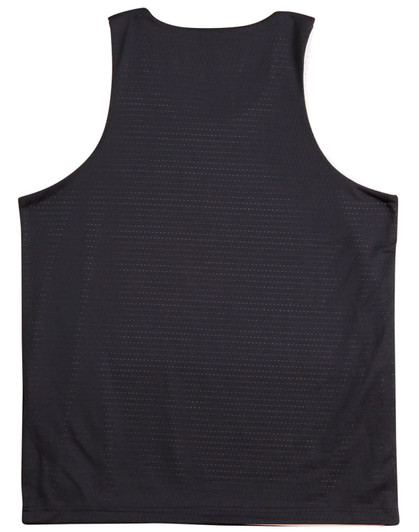 A black adults' basketball singlet featuring a breathable mesh fabric and a simple design. It has a logo on it.