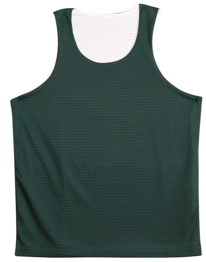 A green kid's basketball singlet featuring a sleeveless design and a mesh fabric. It has a logo on it.