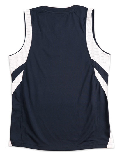 A navy blue adults' basketball singlet with white mesh panels and stripes, featuring a logo on the back.