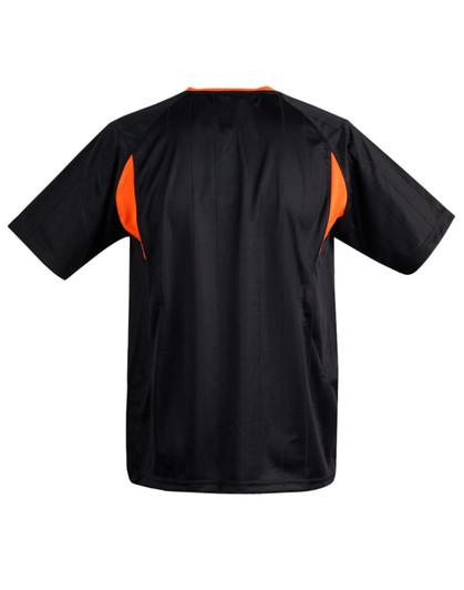 A black adults' soccer jersey with orange accents, featuring short sleeves and a crew neck. The back has a smooth design.
