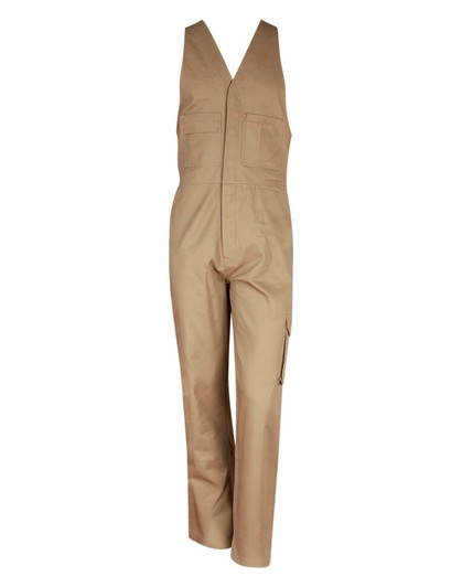 A beige cotton drill overall with a V-neck design and multiple pockets, featuring a logo on the chest.