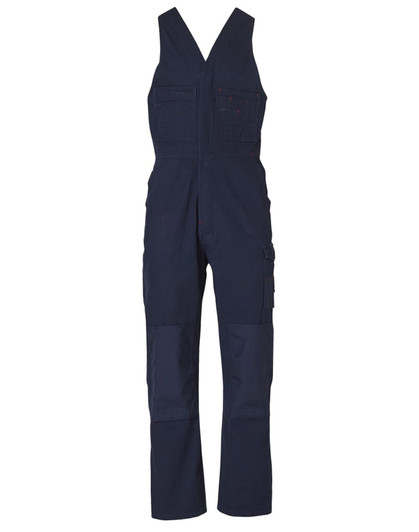 A navy blue men's overall featuring adjustable straps, multiple pockets, and a branded logo.