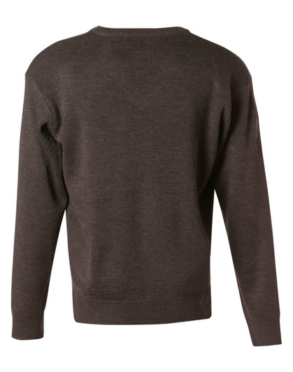 A grey V neck wool and acrylic knit jumper viewed from the back, featuring a simple design and long sleeves.
