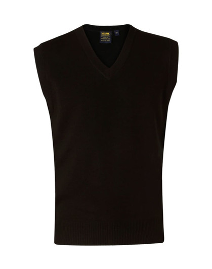 A dark green v-neck wool and acrylic knit vest with no sleeves and a ribbed hem, featuring a logo label inside.