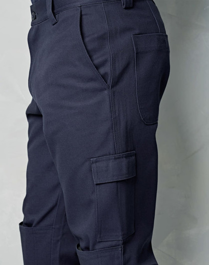 Men's cargo pants in navy blue, featuring knee pads and multiple pockets, with a sleek, fitted design.