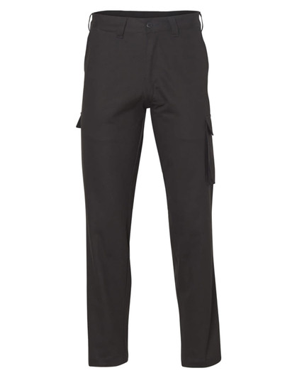 A pair of black cargo pants featuring drill pant pockets on the leg and a stout fit.