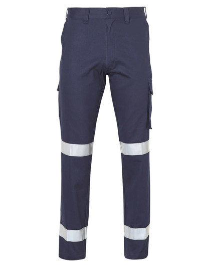 Navy work pants featuring reflective stripes and side pockets, designed for durability and visibility.