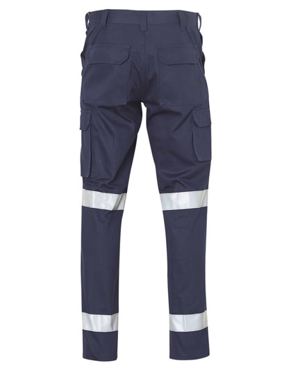 Navy work pants featuring multiple leg pockets and reflective strips for visibility, with a logo on the back.