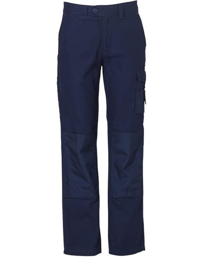 Navy ladies' work pants featuring cargo pockets and contrast paneling. Includes a logo on the design.
