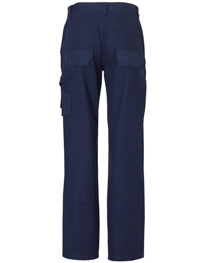 Ladies' work pants in navy blue, featuring multiple pockets and a straight leg design. Includes a logo on the waistband.