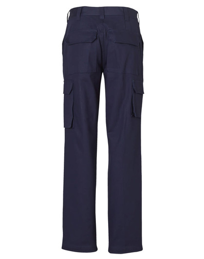 Navy cargo pants featuring multiple pockets and a standard fit, with a logo on the back.