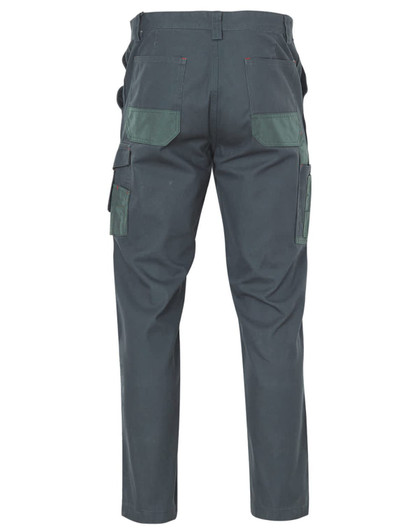 A pair of stout work pants in dark green, featuring multiple pockets and a durable design.