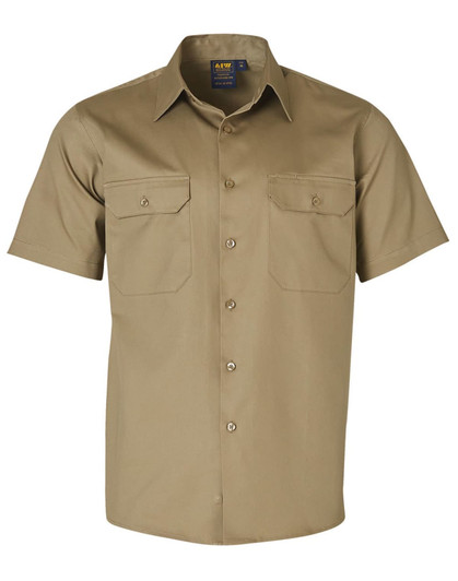 A short-sleeved khaki work shirt featuring two chest pockets and a logo.