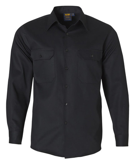 A black long-sleeve cotton drill work shirt with two front pockets and a collar, featuring a logo.