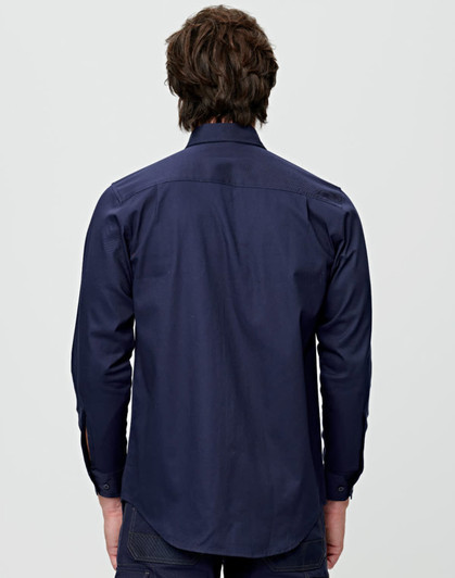 A navy long-sleeve work shirt with a pocket, featuring a logo on the fabric.