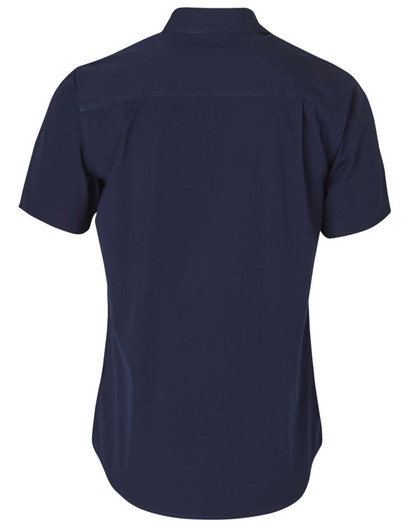 A navy blue short sleeve work shirt featuring a collar and a back yoke, with a branding logo on the label.