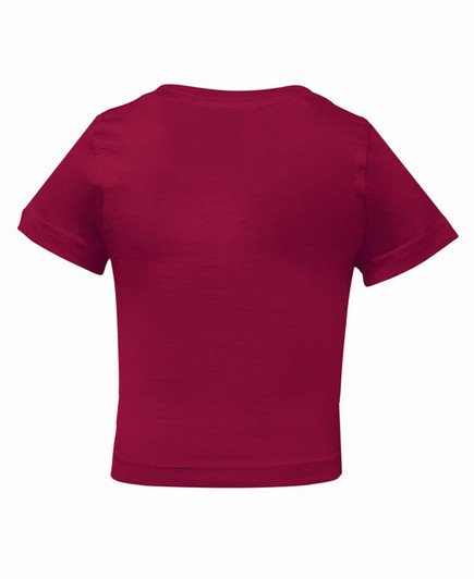 A red infant tee shirt with short sleeves, featuring a simple design and no visible logo on the back.