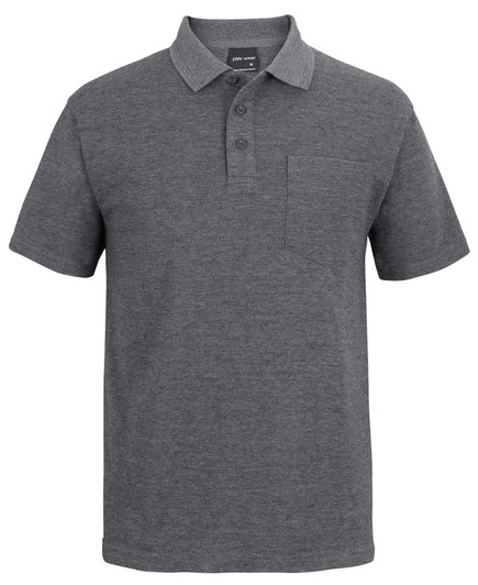 A grey polo shirt featuring a collar, three buttons, and a chest pocket, with a logo on the front.