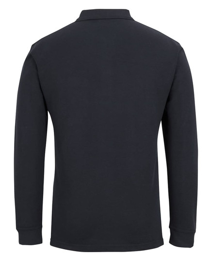 A long-sleeve black polo shirt featuring a classic collar and a small logo on the back.