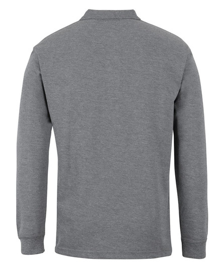A long-sleeve grey polo shirt with a collar, featuring a logo on the front.