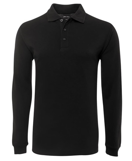 A black long-sleeve polo shirt with a three-button placket and a collar. Features a logo on the chest.