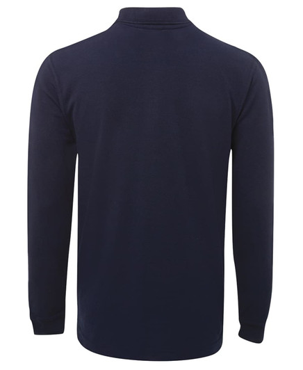 A navy long-sleeve polo shirt with a collar and button placket, featuring a logo on the front.