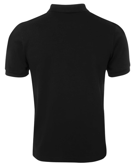 A black fitted polo shirt, featuring a classic collar and short sleeves, with a branding logo.