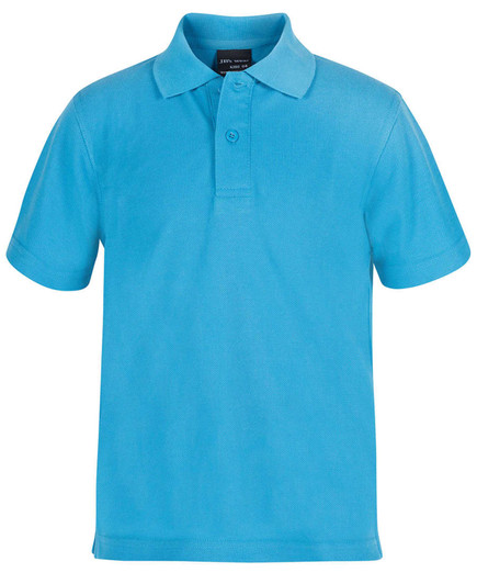 A blue short-sleeve polo shirt featuring a collar and a button placket, with a logo.