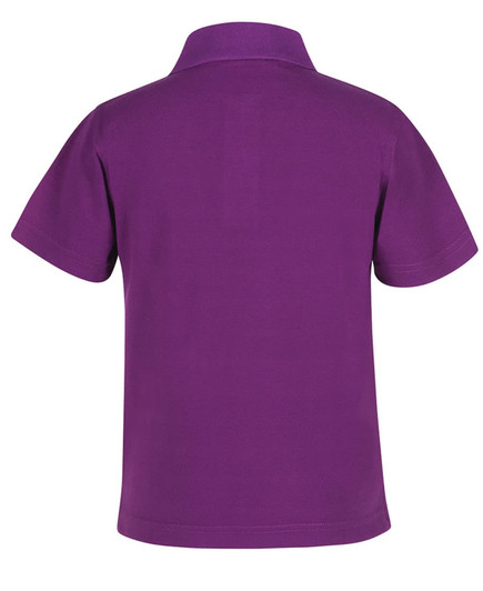 A purple short-sleeved polo shirt with a collar and a logo. The back view displays a simple, classic design.