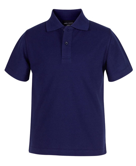 A navy blue short-sleeved polo shirt featuring a three-button placket and a collar. It has a logo on the chest.