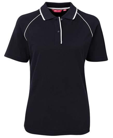 A navy and white ladies' polo shirt featuring a collar, buttons, and a logo.