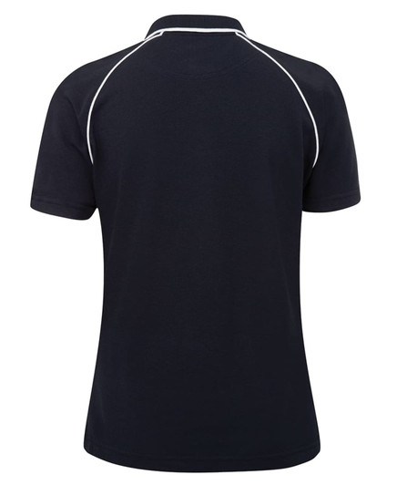 A navy and white ladies' raglan polo shirt, featuring a simple design and a logo on the back.