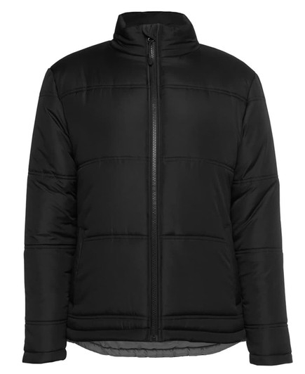 A black and grey puffer jacket featuring a zip front and a high collar, with a logo on the chest.