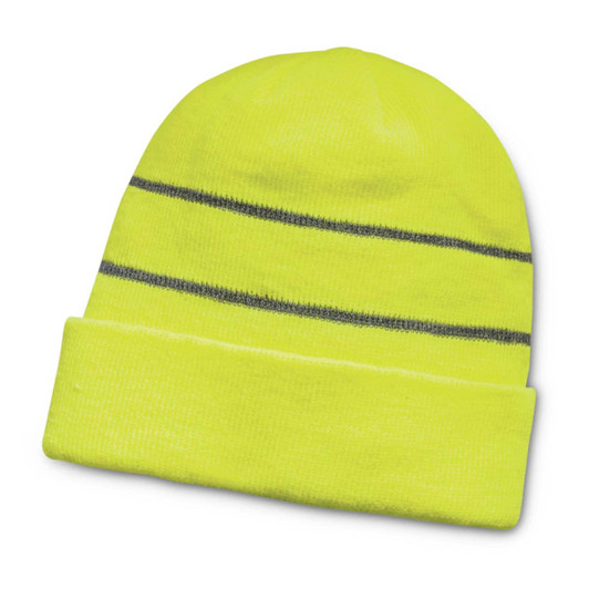 A bright yellow beanie with two reflective grey stripes and a folded cuff, featuring a logo.