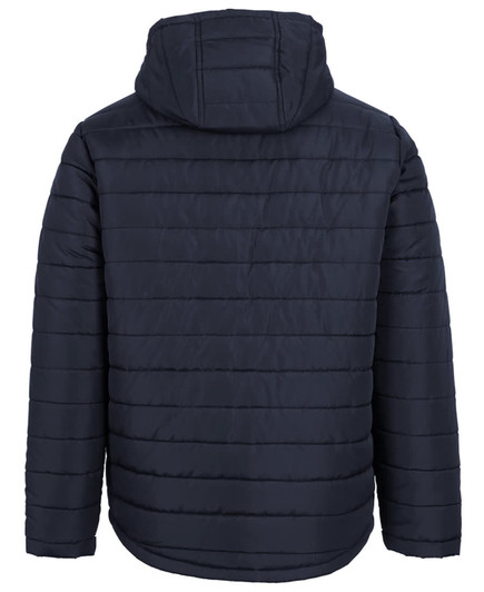 A dark navy hooded puffer jacket featuring a stitched panel design and a hood. It has a branding logo on the back.